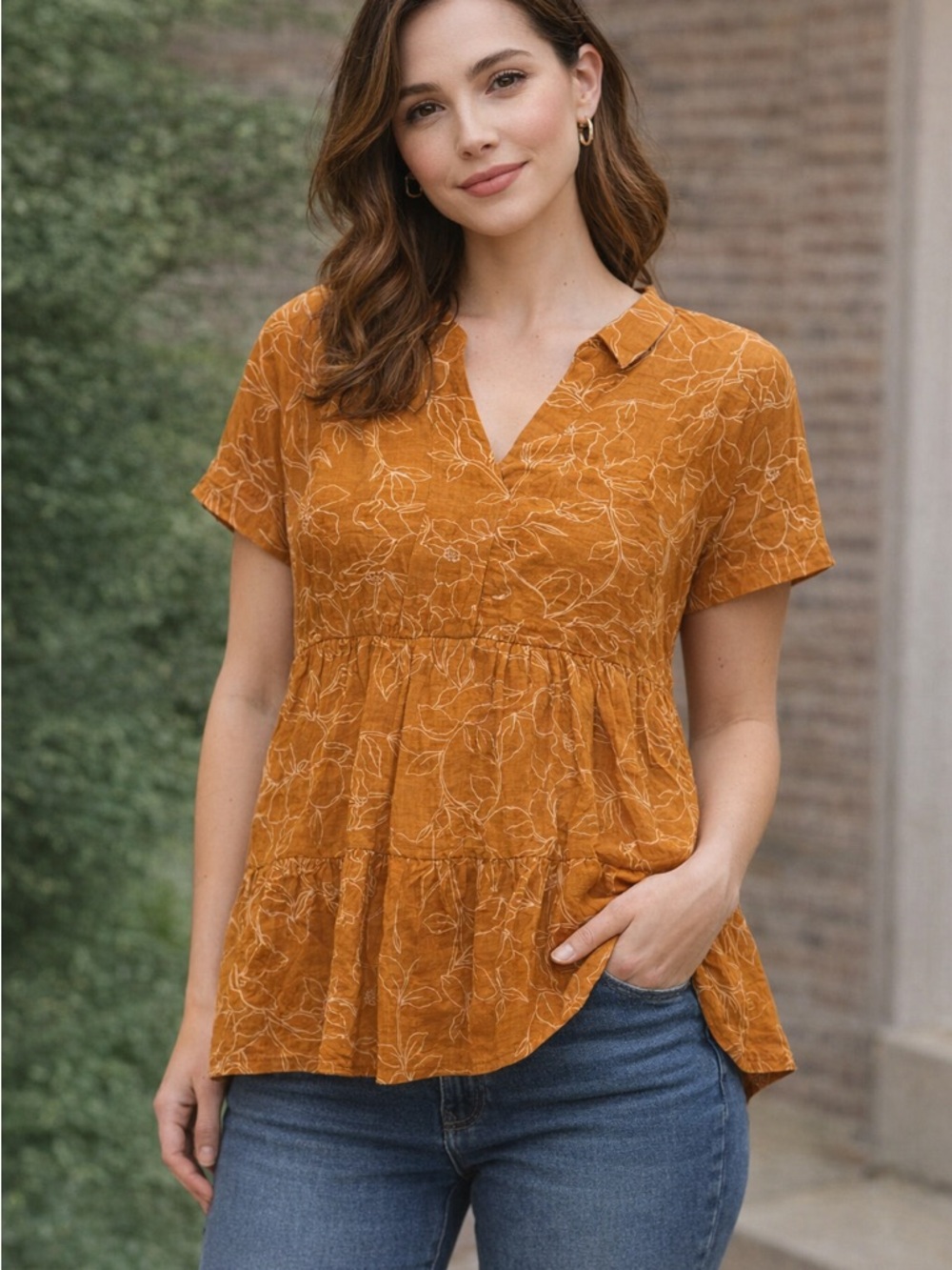 Cato Rust Floral V-Neck Tiered Peplum Top